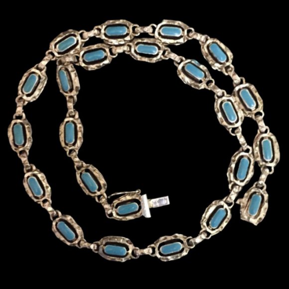 Vintage Sterling Mexico Blue Enamel Link Necklace - Picture 2 of 10
